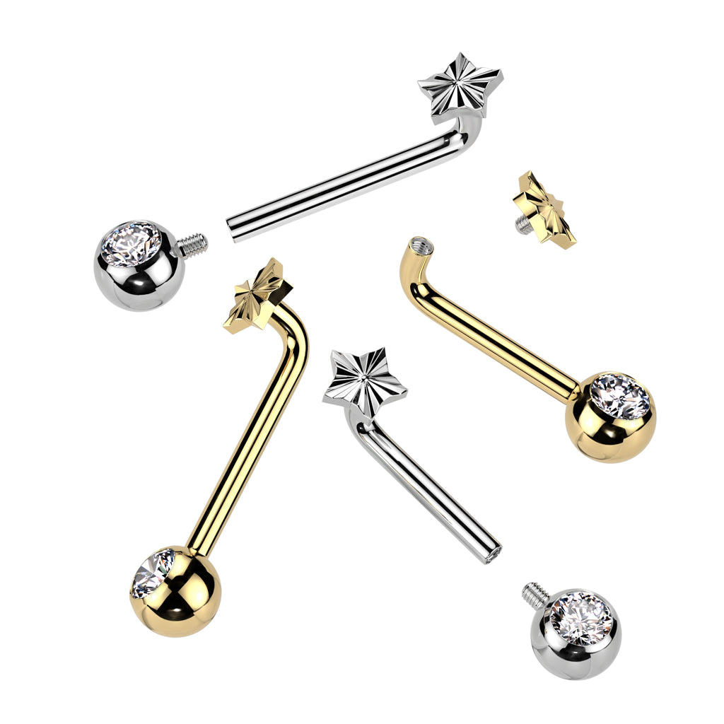 Internally Threaded Star Top and CZ Crystal Ball End VCH Piercing L-Bend Barbell - ASTM F-136 Implant Grade Titanium