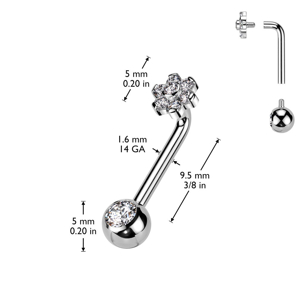 Internally Threaded CZ Crystal Flower Top VCH Piercing L-Bend Barbell - ASTM F-136 Implant Grade Titanium