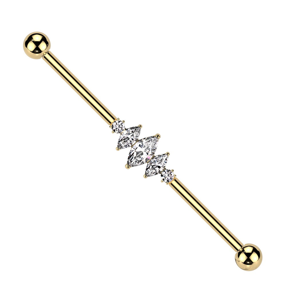 Internally Threaded Triple CZ Crystal Marquise Industrial Barbell - ASTM F-136 Implant Grade Titanium