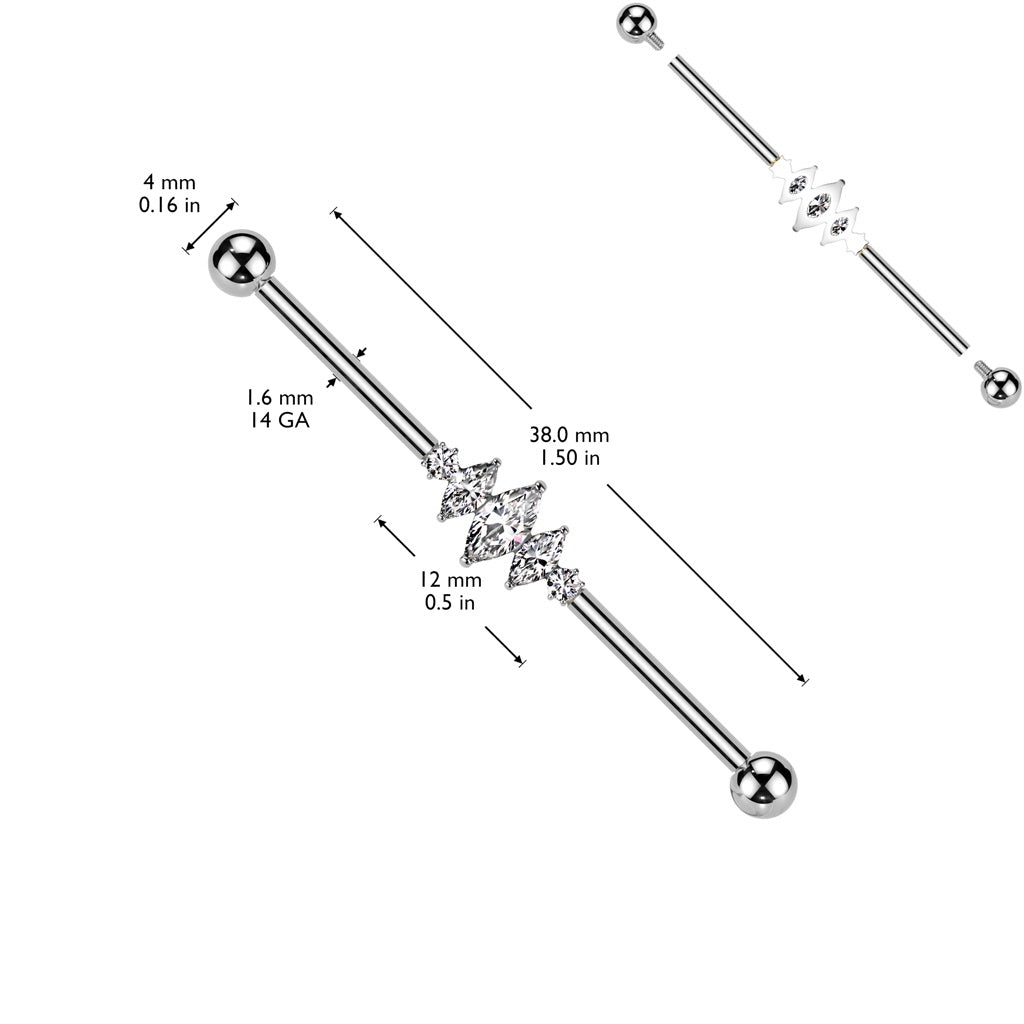 Internally Threaded Triple CZ Crystal Marquise Industrial Barbell - ASTM F-136 Implant Grade Titanium
