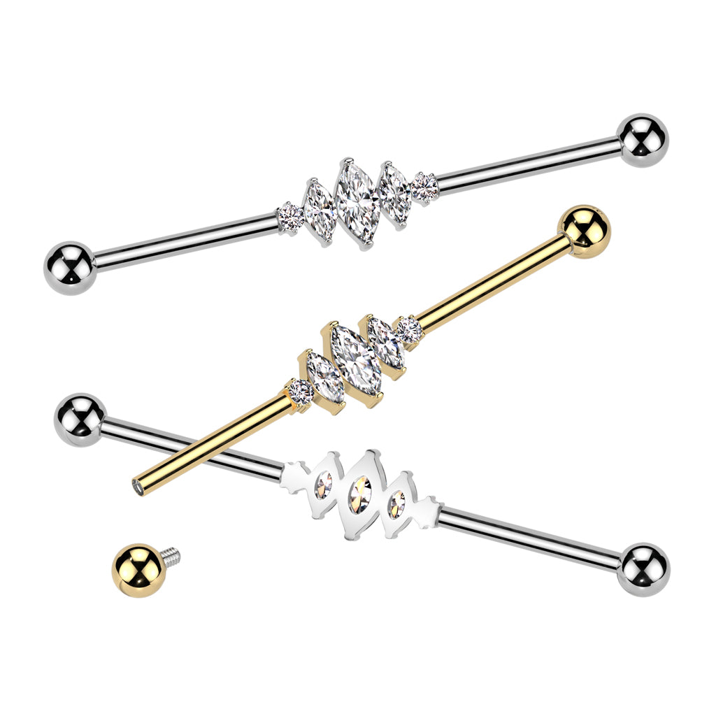 Internally Threaded Triple CZ Crystal Marquise Industrial Barbell - ASTM F-136 Implant Grade Titanium