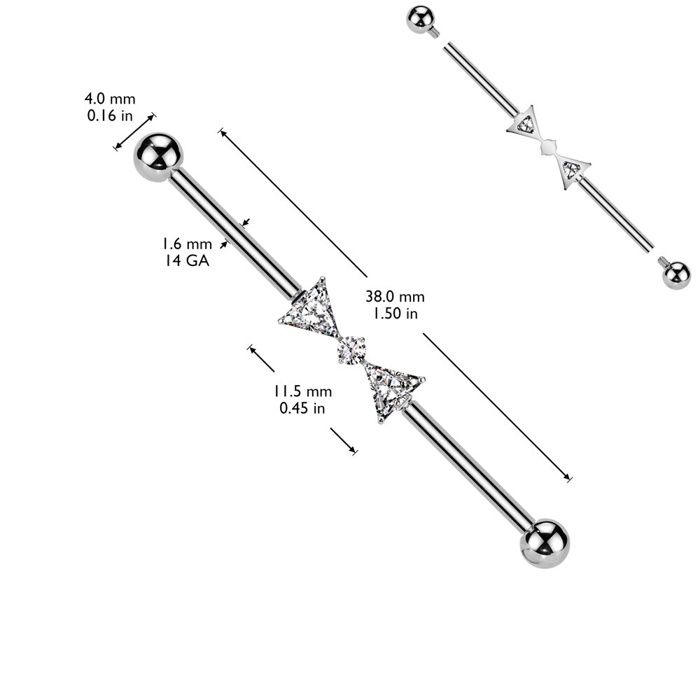 Internally Threaded CZ Crystal Bow Center Industrial Barbell - ASTM F-136 Implant Grade Titanium