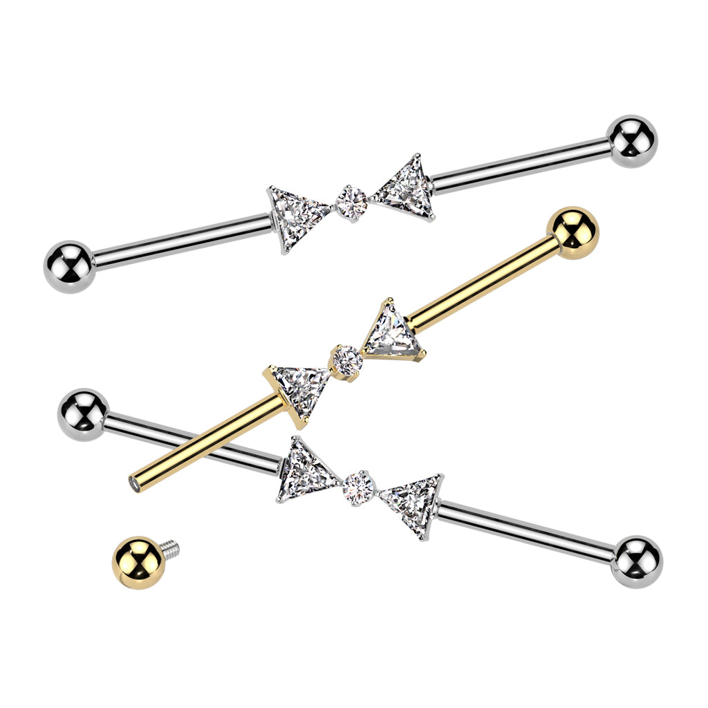 Internally Threaded CZ Crystal Bow Center Industrial Barbell - ASTM F-136 Implant Grade Titanium