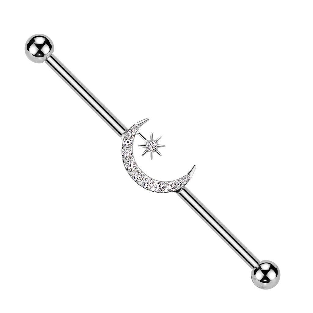 Internally Threaded CZ Crystal Crescent Moon and Star Industrial Barbell - ASTM F-136 Implant Grade Titanium