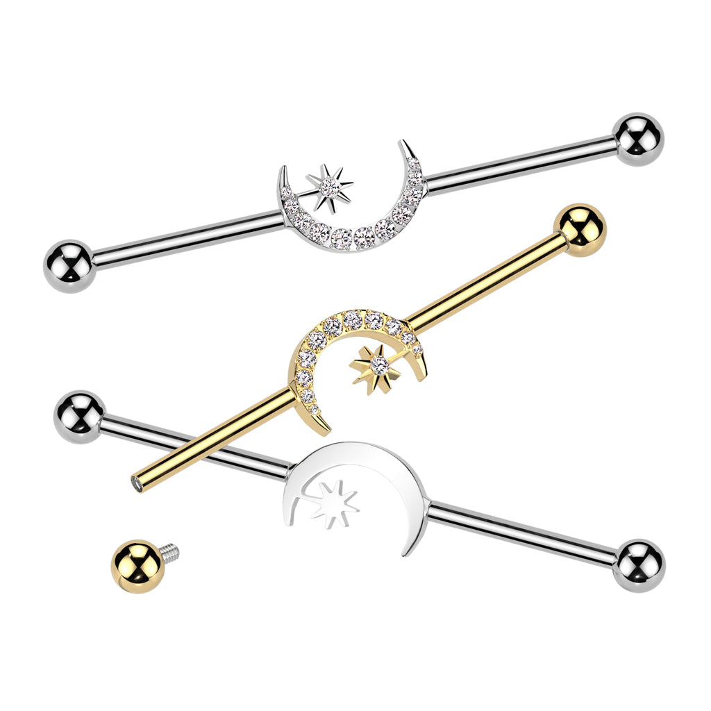 Internally Threaded CZ Crystal Crescent Moon and Star Industrial Barbell - ASTM F-136 Implant Grade Titanium