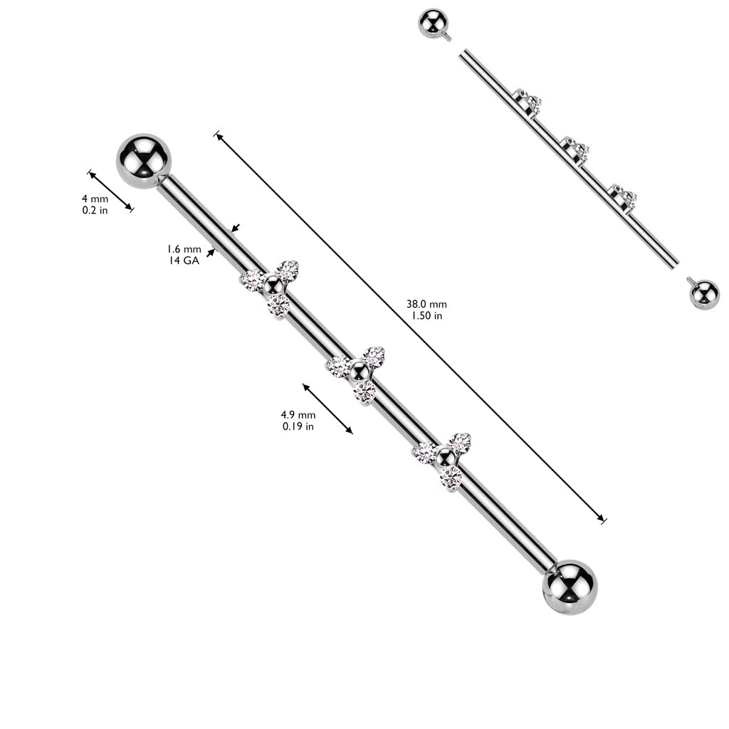 Internally Threaded Triple CZ Crystal Triangle Industrial Barbell - ASTM F-136 Implant Grade Titanium