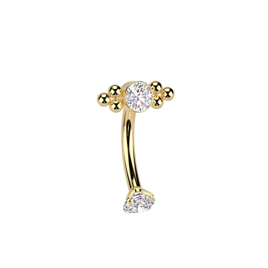 Internally Threaded CZ Crystal and Ball Cluster Curved Eyebrow Barbell - ASTM F-136 Implant Grade Titanium