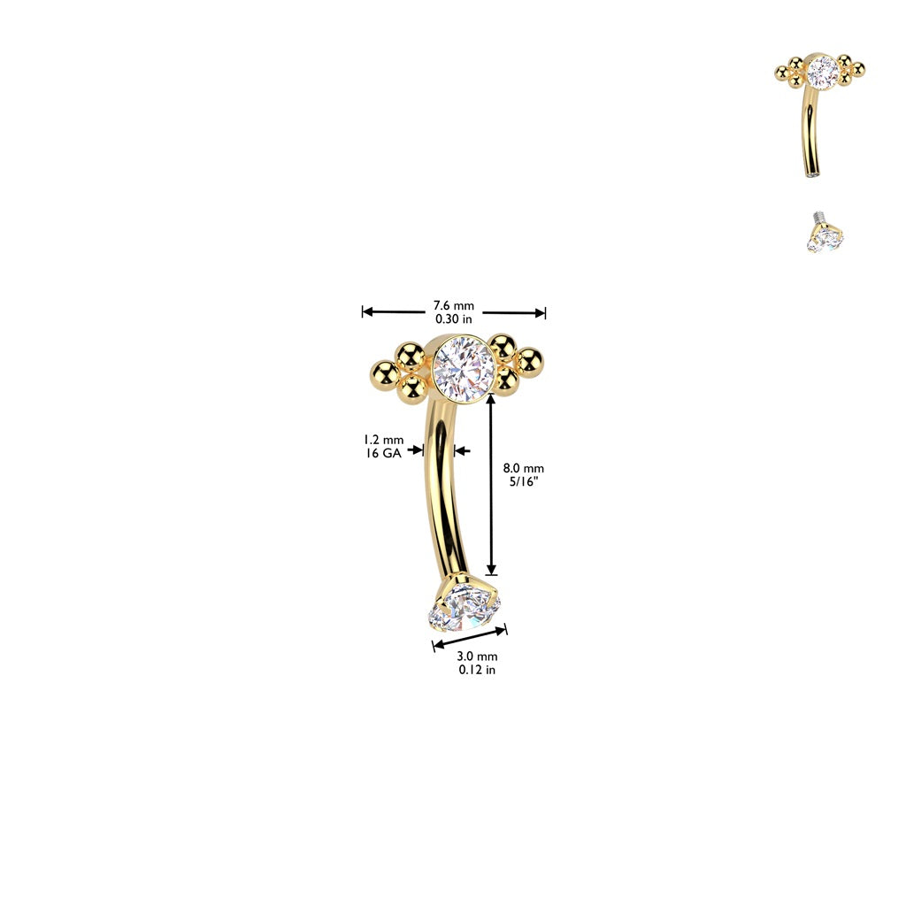 Internally Threaded CZ Crystal and Ball Cluster Curved Eyebrow Barbell - ASTM F-136 Implant Grade Titanium