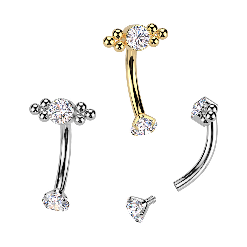 Internally Threaded CZ Crystal and Ball Cluster Curved Eyebrow Barbell - ASTM F-136 Implant Grade Titanium