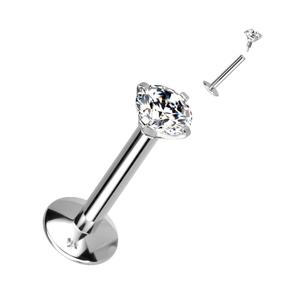 Prong Set CZ Crystal Internally Threaded with Extended Threading Convex Base Stud - G23 Implant Grade Titanium