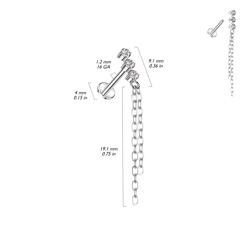 Internally Threaded Triple CZ Crystal with Double Dangling Chains Flat Back Stud - ASTM F-136 Implant Grade Titanium
