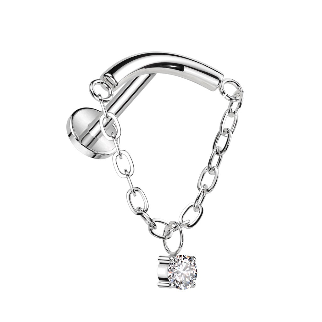 Internally Threaded Curved Bar with CZ Crystal Center Dangling Chain Flat Back Stud - ASTM F-136 Implant Grade Titanium