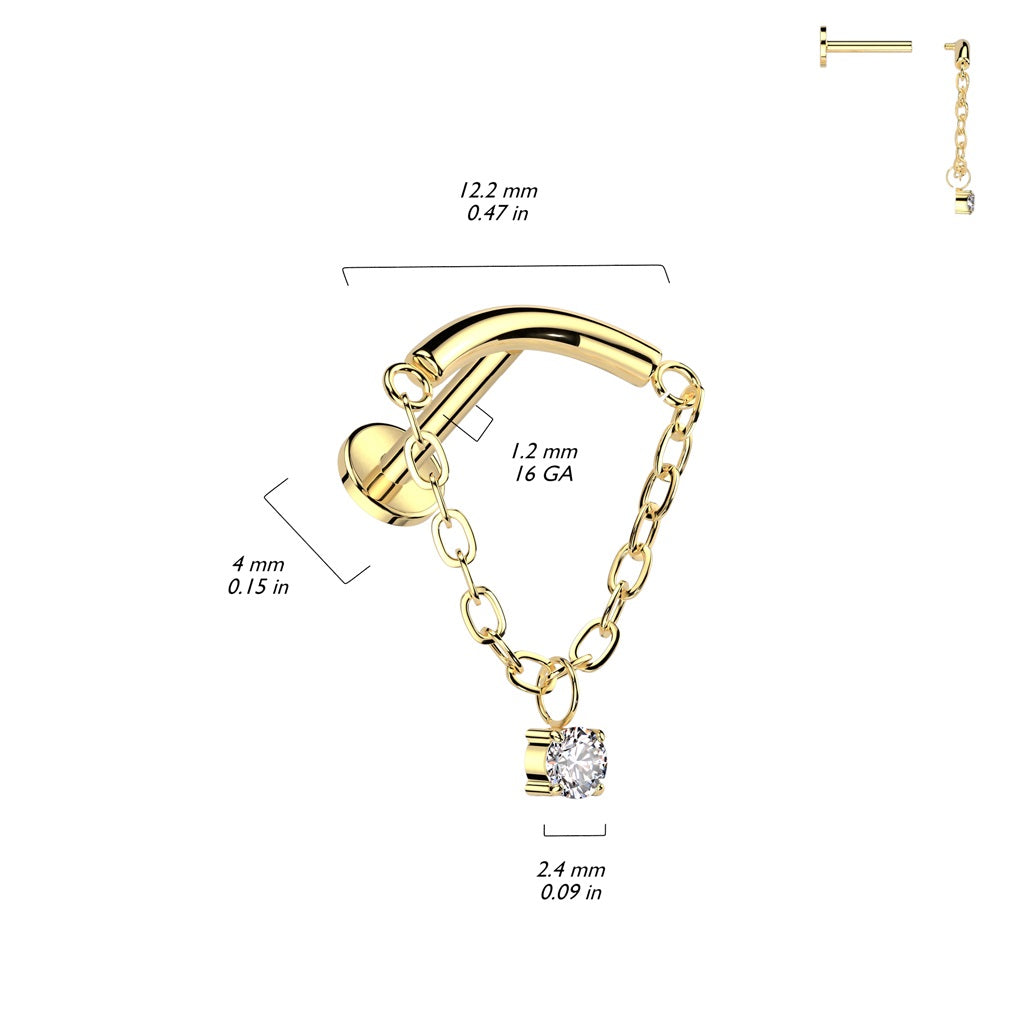 Internally Threaded Curved Bar with CZ Crystal Center Dangling Chain Flat Back Stud - ASTM F-136 Implant Grade Titanium