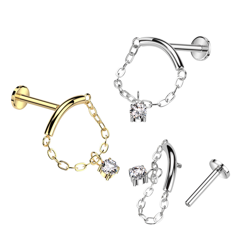 Internally Threaded Curved Bar with CZ Crystal Center Dangling Chain Flat Back Stud - ASTM F-136 Implant Grade Titanium