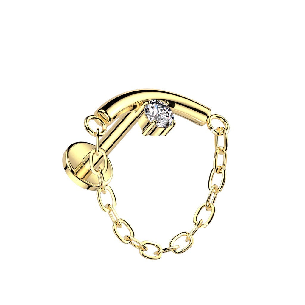 Internally Threaded CZ Crystal Center Curved Bar with Dangling Chain Hidden Helix Flat Back Stud - ASTM F-136 Implant Grade Titanium