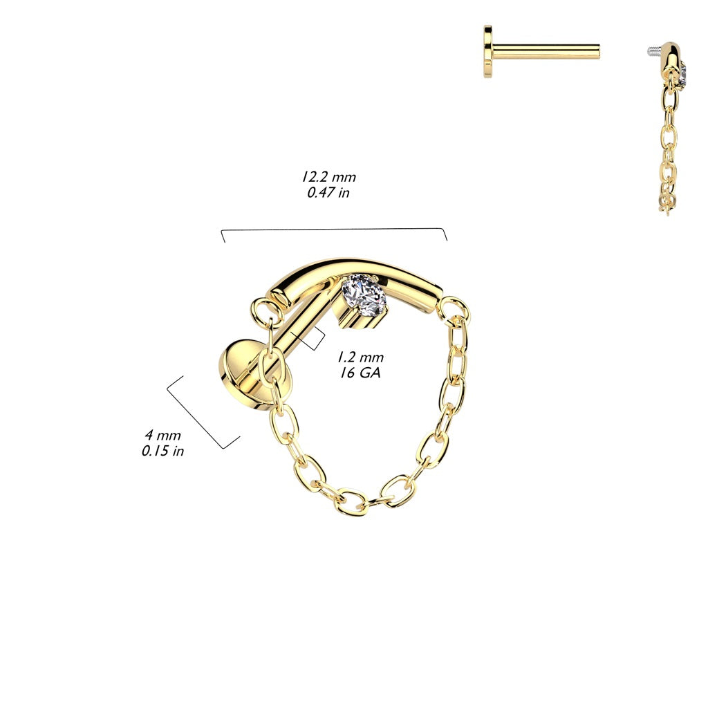 Internally Threaded CZ Crystal Center Curved Bar with Dangling Chain Hidden Helix Flat Back Stud - ASTM F-136 Implant Grade Titanium