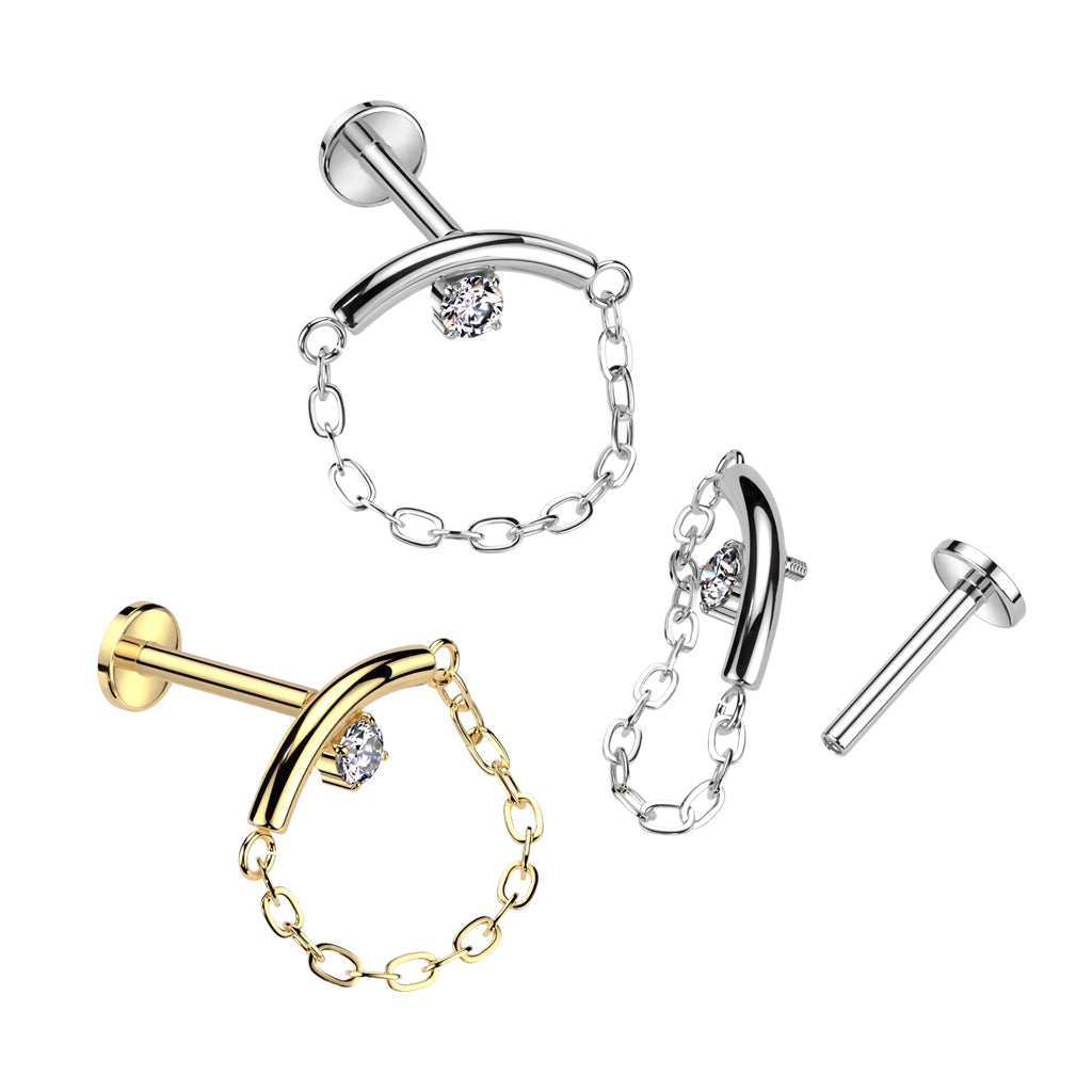 Internally Threaded CZ Crystal Center Curved Bar with Dangling Chain Hidden Helix Flat Back Stud - ASTM F-136 Implant Grade Titanium