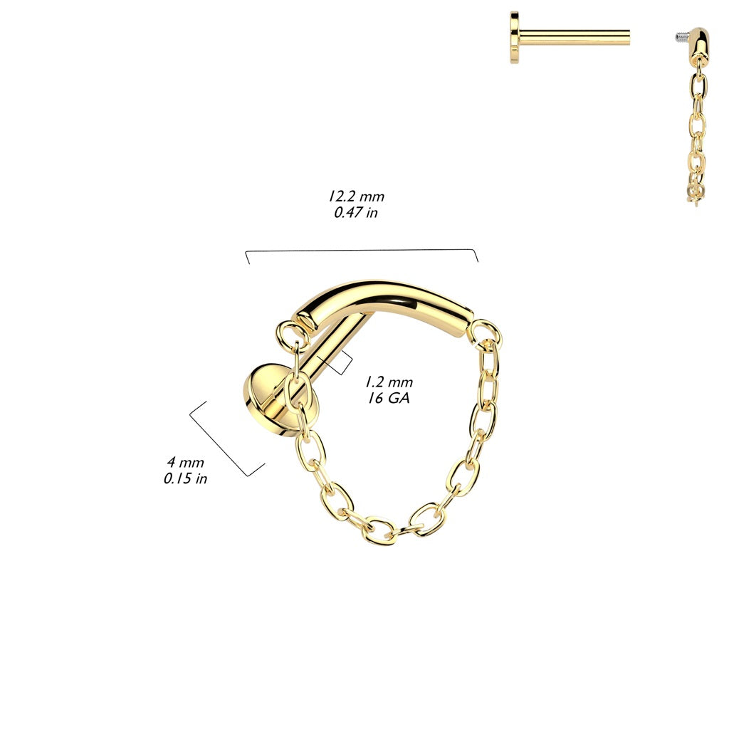 Internally Threaded Curved Bar with Dangling Chain Hidden Helix Flat Back Stud - ASTM F-136 Implant Grade Titanium