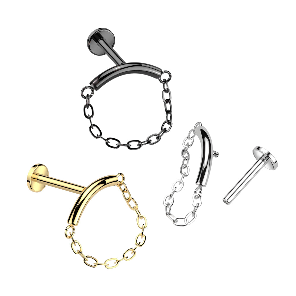 Internally Threaded Curved Bar with Dangling Chain Hidden Helix Flat Back Stud - ASTM F-136 Implant Grade Titanium