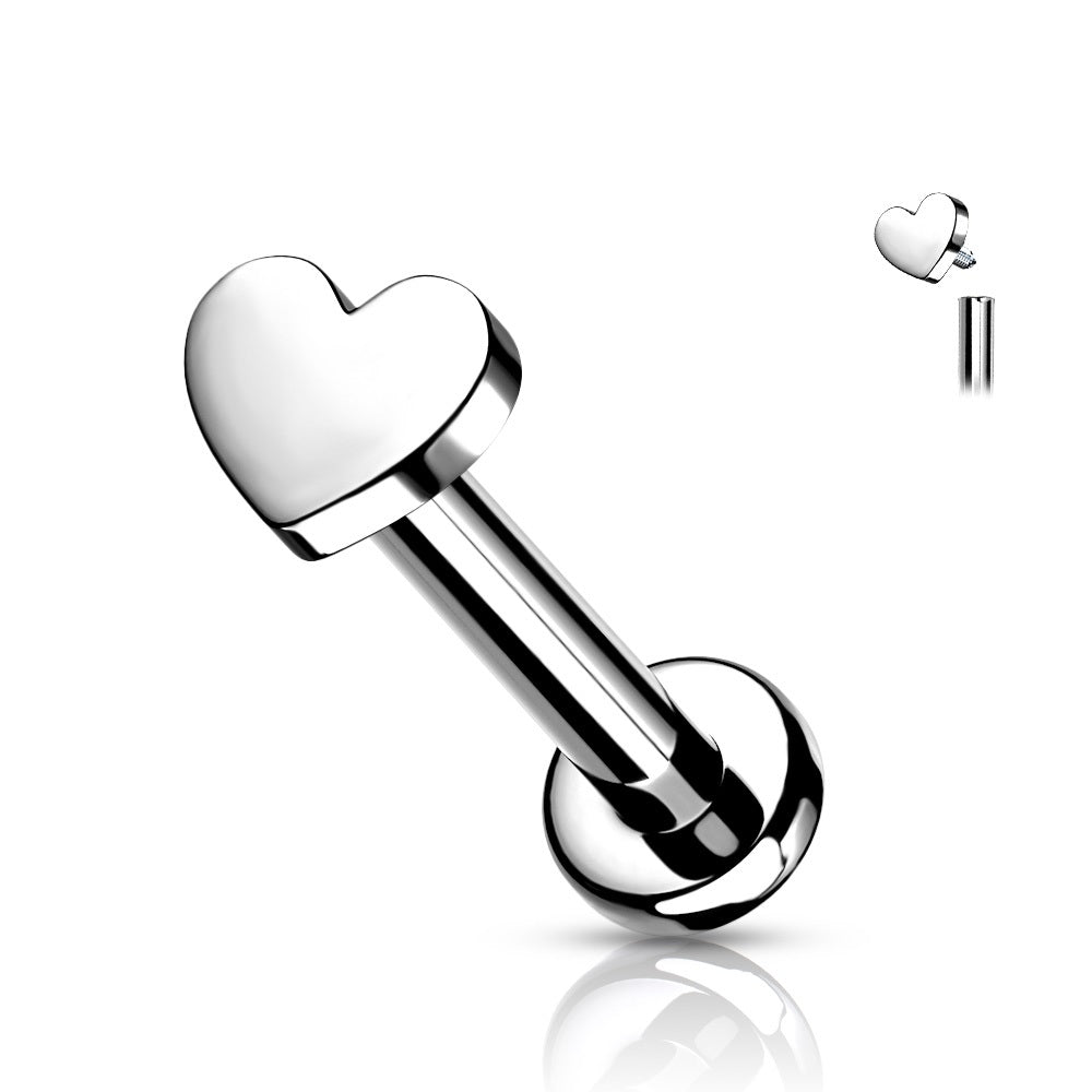 Flat Heart Top Internally Threaded Solid Flat Back Labret Stud - G23 Implant Grade F-136 Titanium