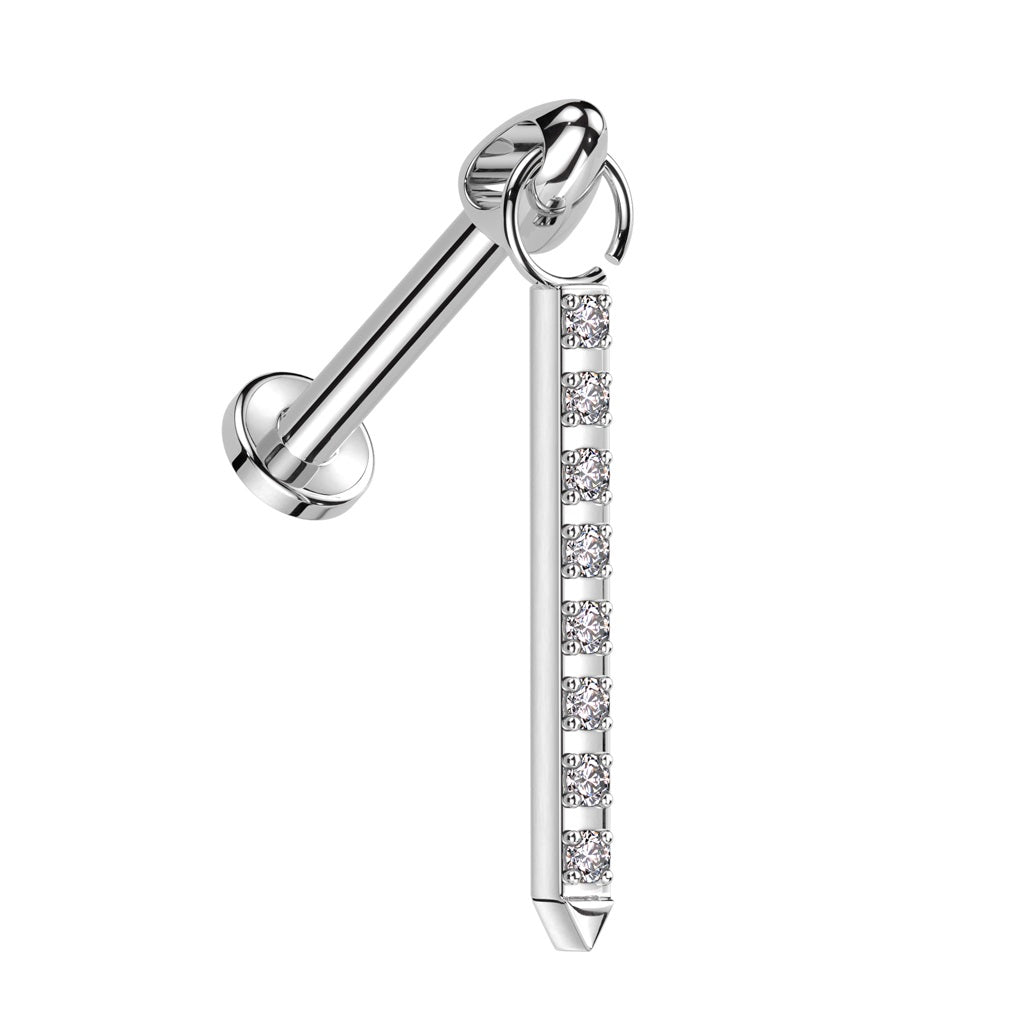 Internally Threaded Dangling CZ Crystal Lined Bar Flat Back Stud - ASTM F-136 Implant Grade Titanium