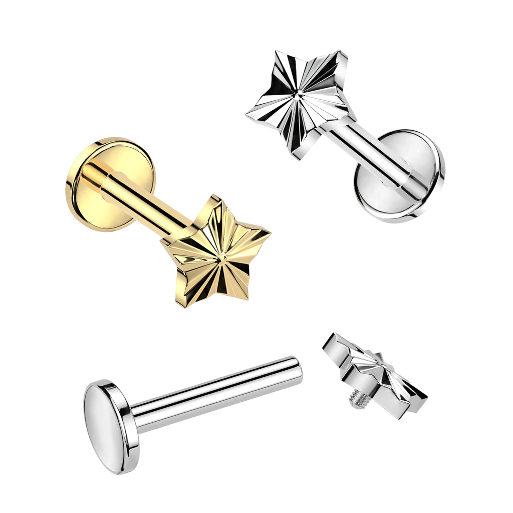 Internally Threaded Diamond Cut Star Flat Back Stud - ASTM F-136 Implant Grade Titanium
