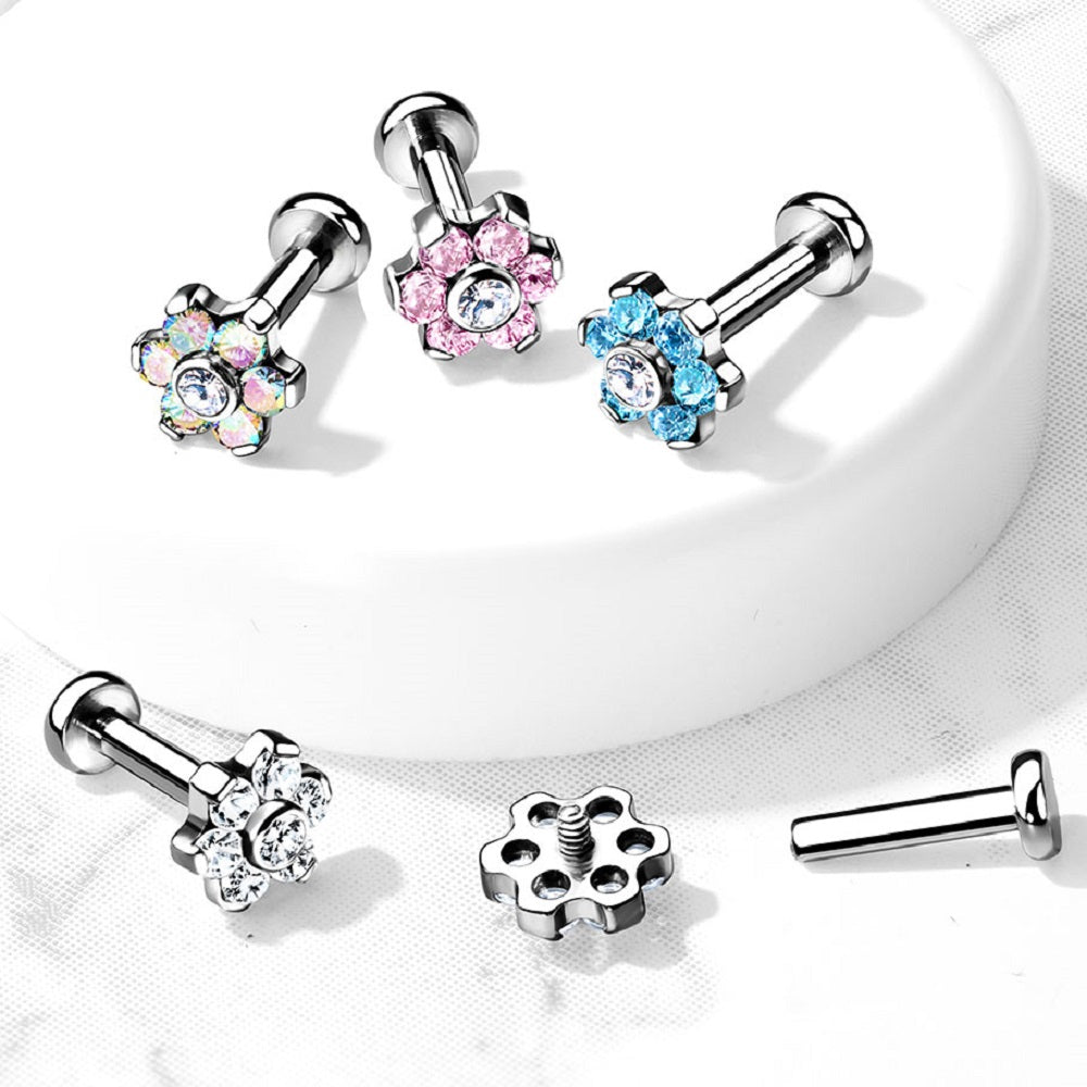 Internally Threaded CZ Crystal Flower Lip Cartilage Tragus Stud - G23 Implant Grade Titanium
