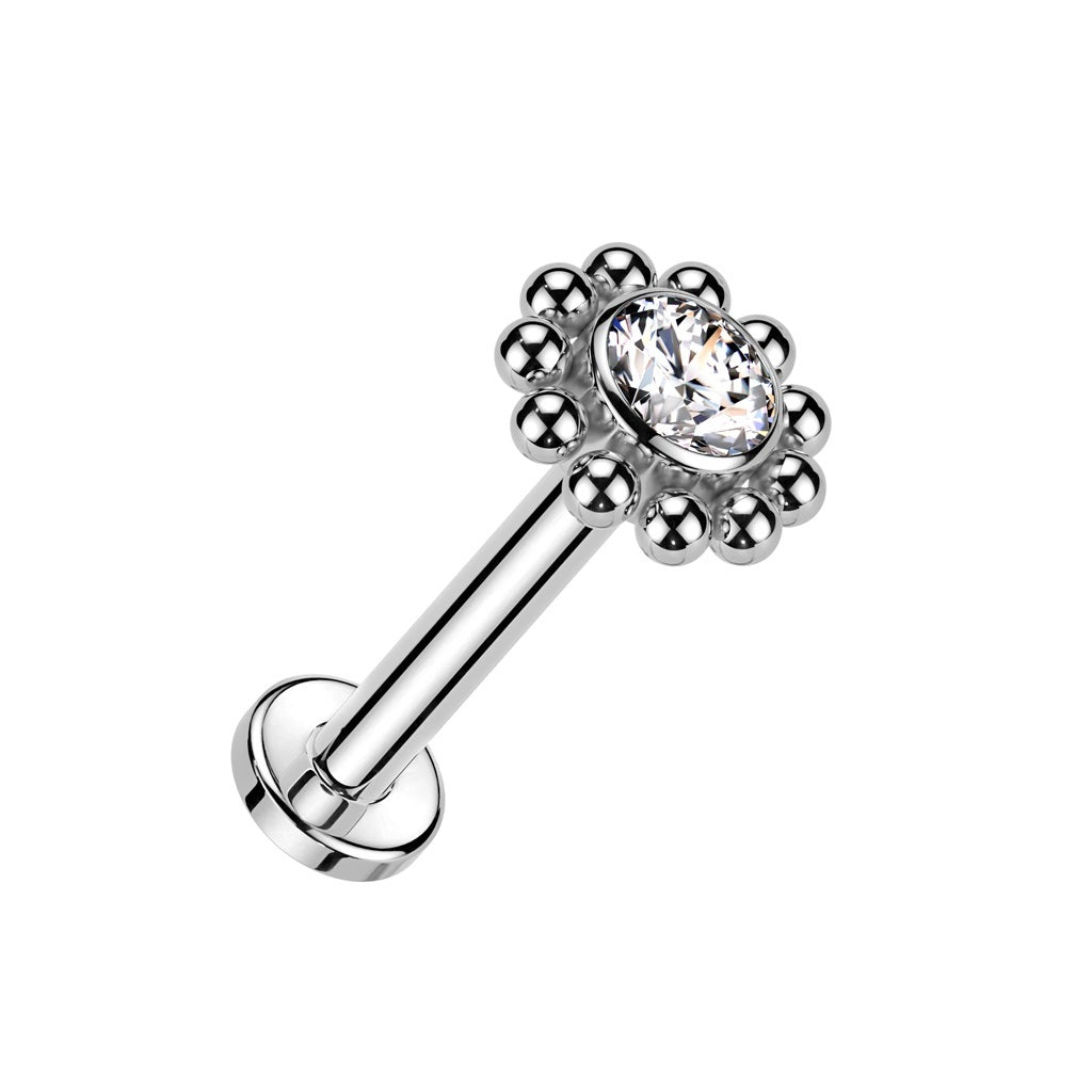 Internally Threaded CZ Crystal Center Flower with Beaded Edge Flat Back Stud - ASTM F-136 Implant Grade Titanium