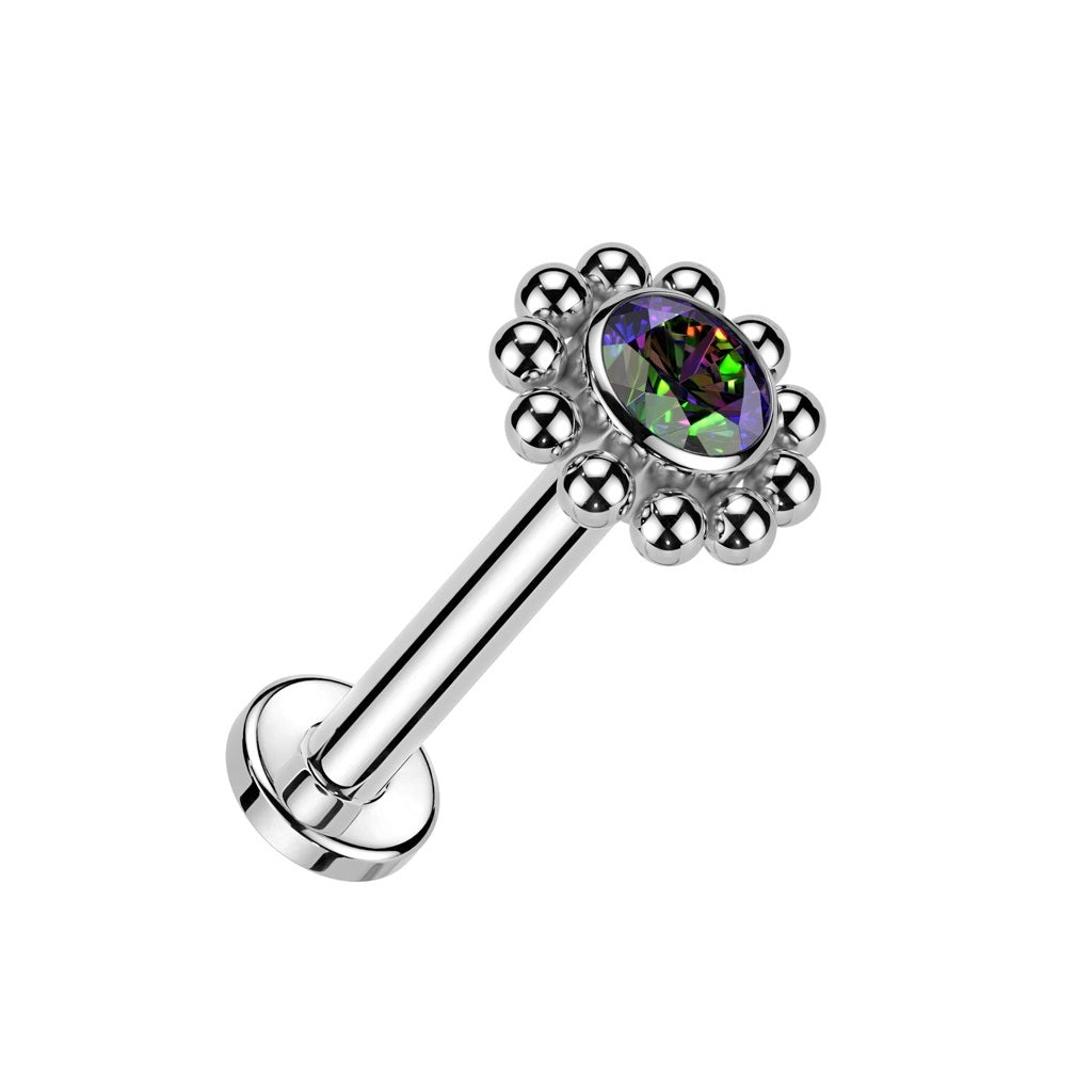 Internally Threaded CZ Crystal Center Flower with Beaded Edge Flat Back Stud - ASTM F-136 Implant Grade Titanium