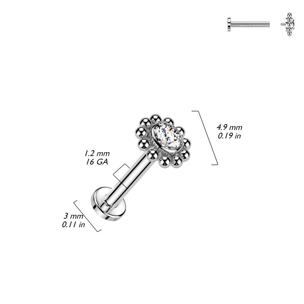 Internally Threaded CZ Crystal Center Flower with Beaded Edge Flat Back Stud - ASTM F-136 Implant Grade Titanium