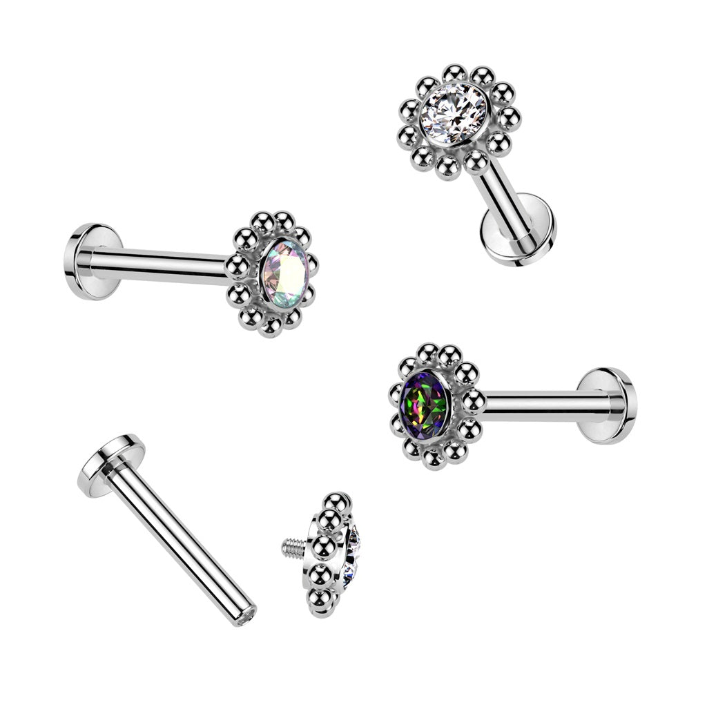 Internally Threaded CZ Crystal Center Flower with Beaded Edge Flat Back Stud - ASTM F-136 Implant Grade Titanium