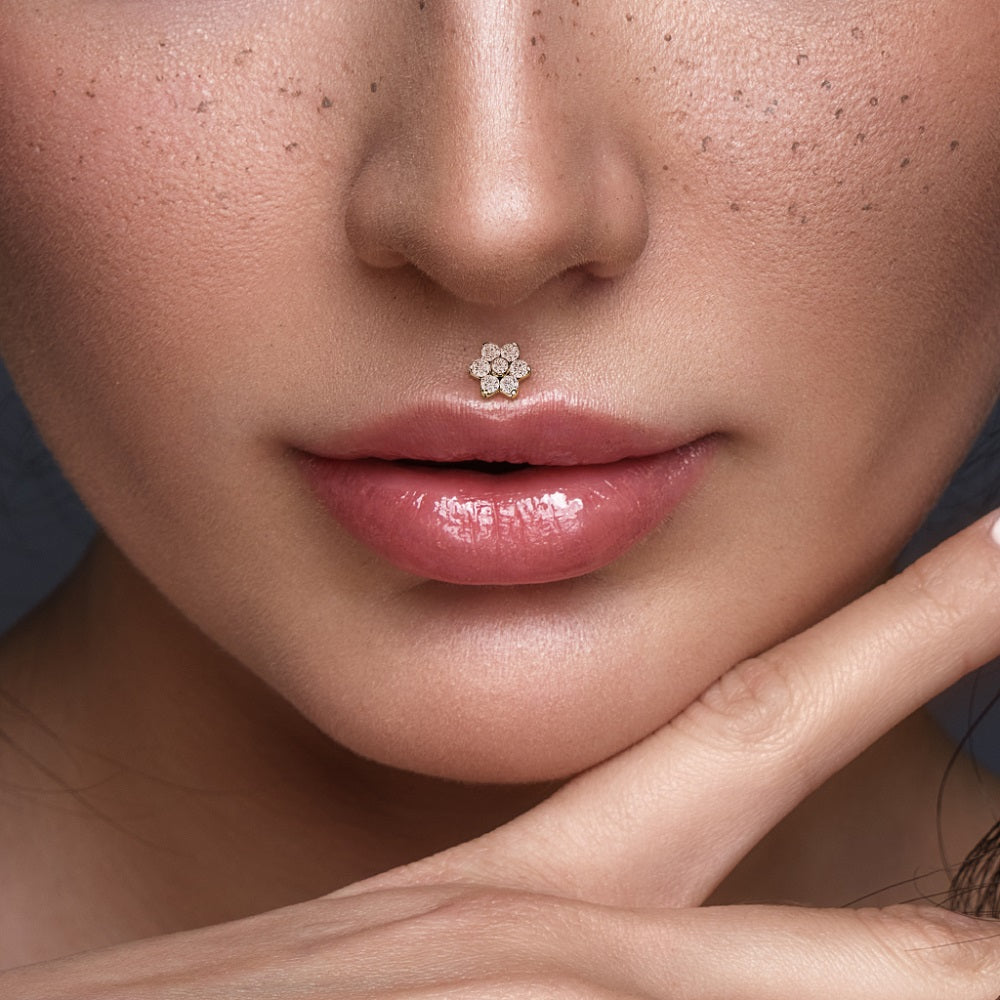 CZ Set Flower Top Implant Grade Internally Threaded Solid Flat Back Stud - G23 Implant Grade F-136 Titanium