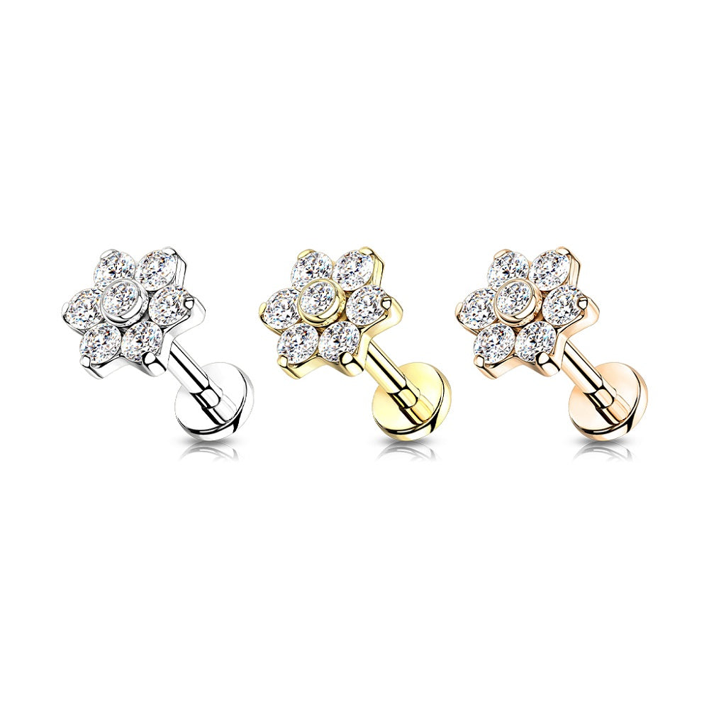 CZ Set Flower Top Implant Grade Internally Threaded Solid Flat Back Stud - G23 Implant Grade F-136 Titanium