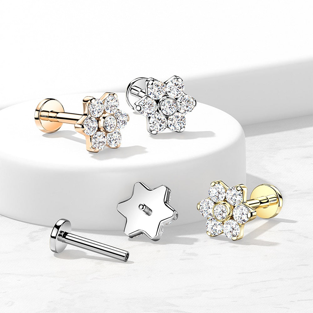 CZ Set Flower Top Implant Grade Internally Threaded Solid Flat Back Stud - G23 Implant Grade F-136 Titanium