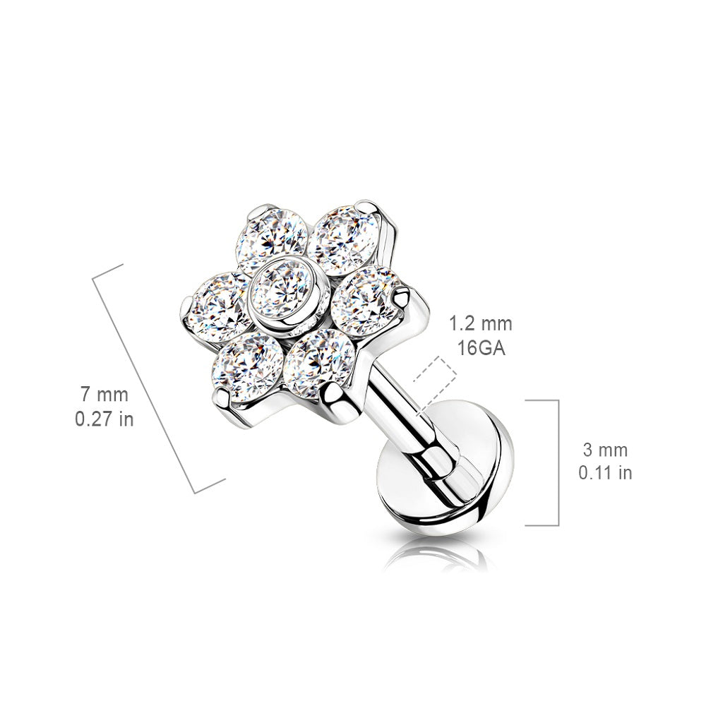 CZ Set Flower Top Implant Grade Internally Threaded Solid Flat Back Stud - G23 Implant Grade F-136 Titanium