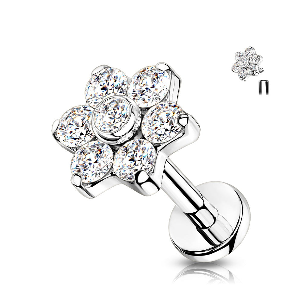 CZ Set Flower Top Implant Grade Internally Threaded Solid Flat Back Stud - G23 Implant Grade F-136 Titanium