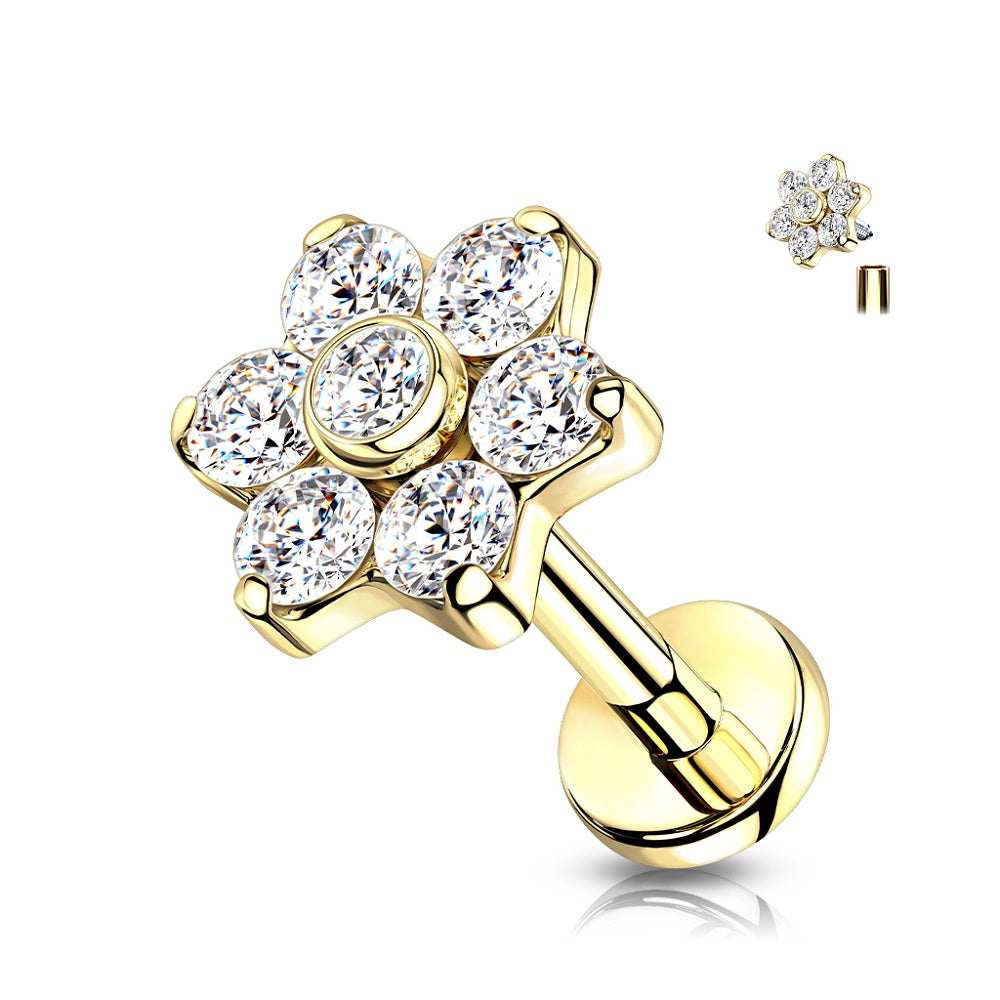 CZ Set Flower Top Implant Grade Internally Threaded Solid Flat Back Stud - G23 Implant Grade F-136 Titanium