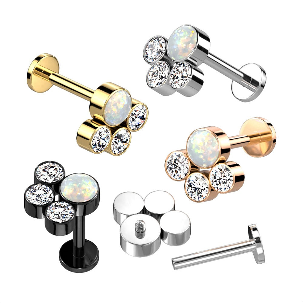 Opal Center with 3 CZ Crystals Internally Threaded Stud - G23 Implant Grade Titanium