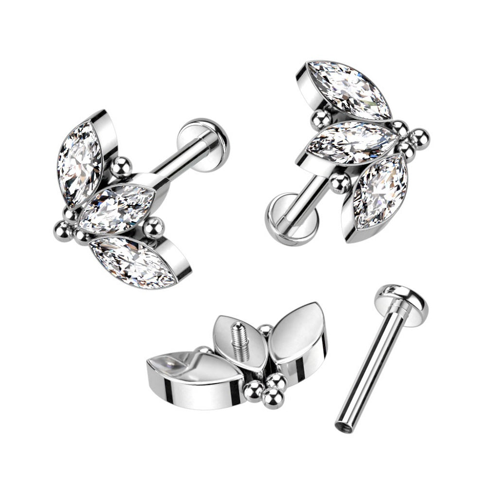 Internally Threaded CZ Crystal Marquise and Ball Cluster Stud - F136 Implant Grade Titanium