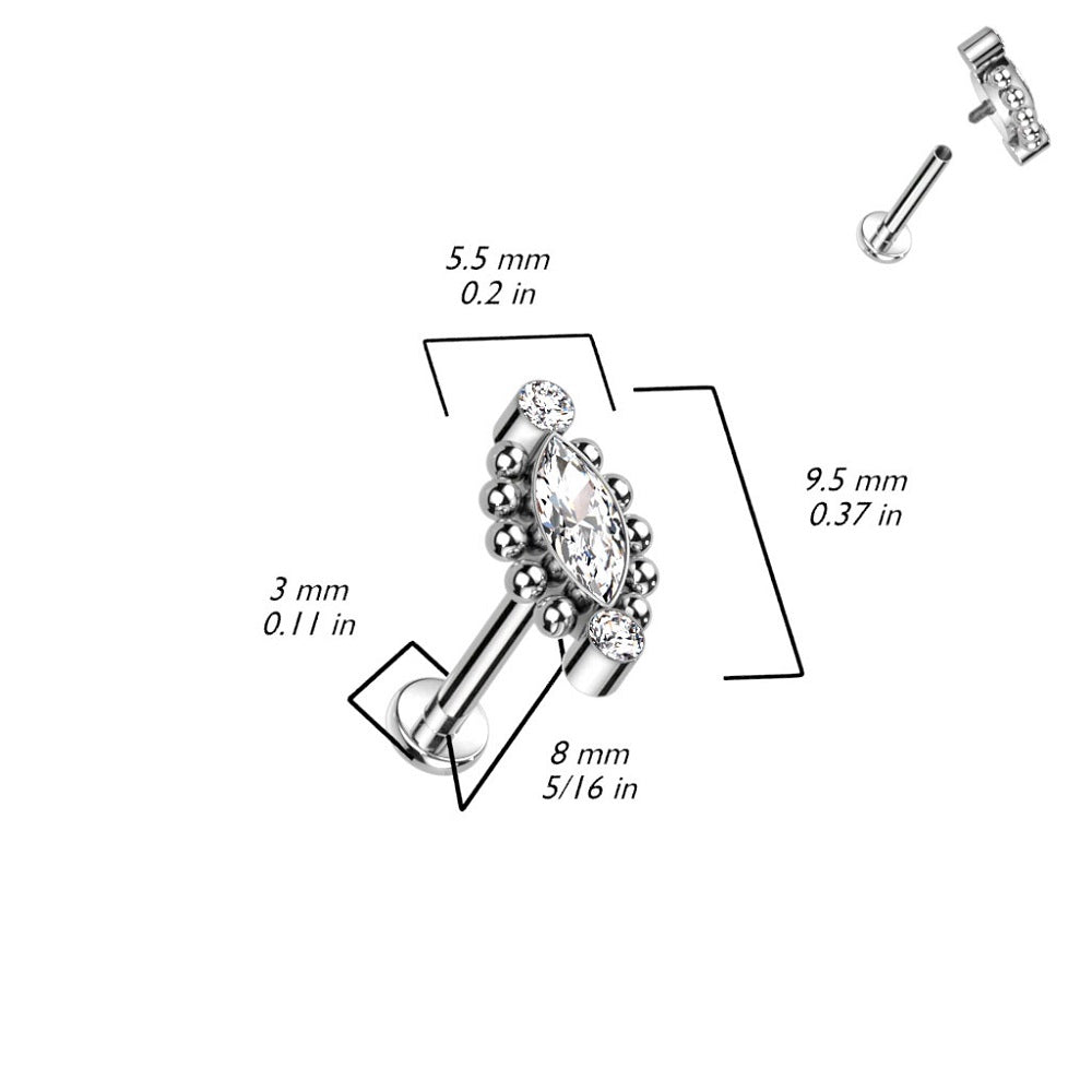 Internally Threaded Ball Outlined CZ Crystal Marquise Stud - F136 Implant Grade Titanium
