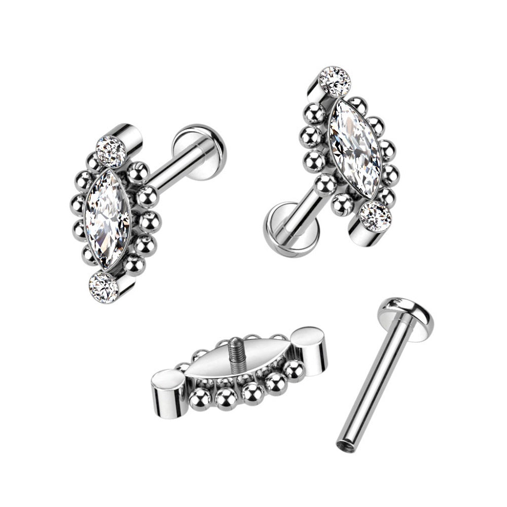 Internally Threaded Ball Outlined CZ Crystal Marquise Stud - F136 Implant Grade Titanium