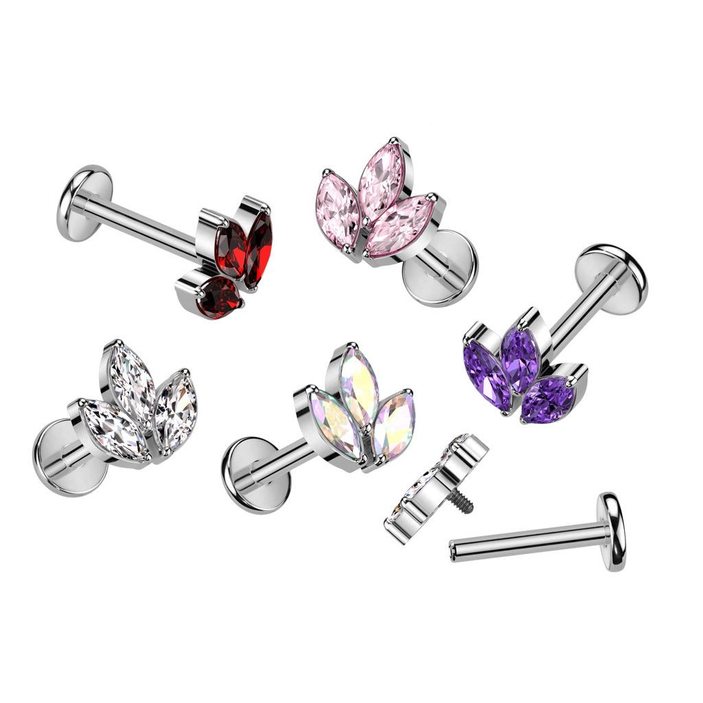 Internally Threaded CZ Crystal Marquise Top Flat Back Stud - F136 Implant Grade Titanium