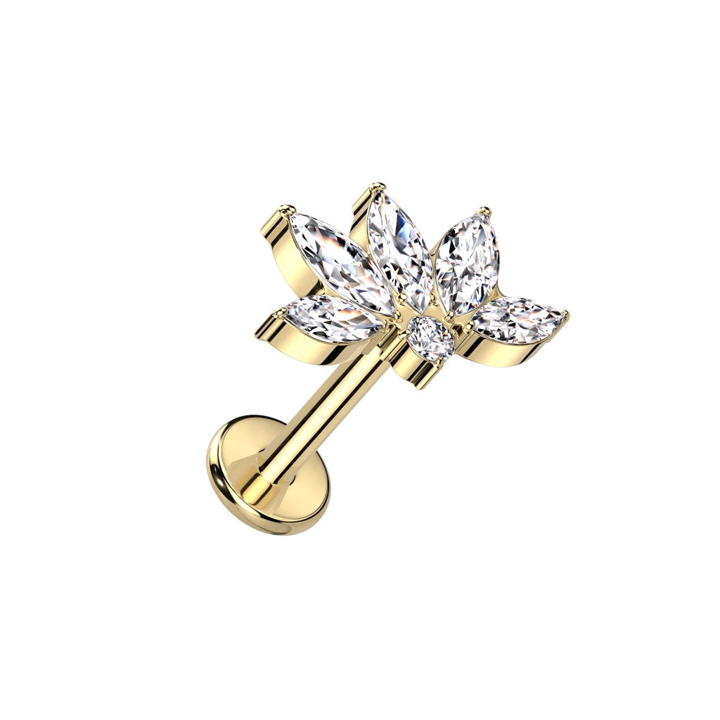 Internally Threaded CZ Crystal Marquise Flower Top Labret Stud - F136 Implant Grade Titanium