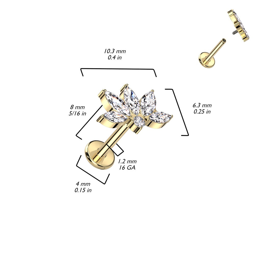 Internally Threaded CZ Crystal Marquise Flower Top Labret Stud - F136 Implant Grade Titanium
