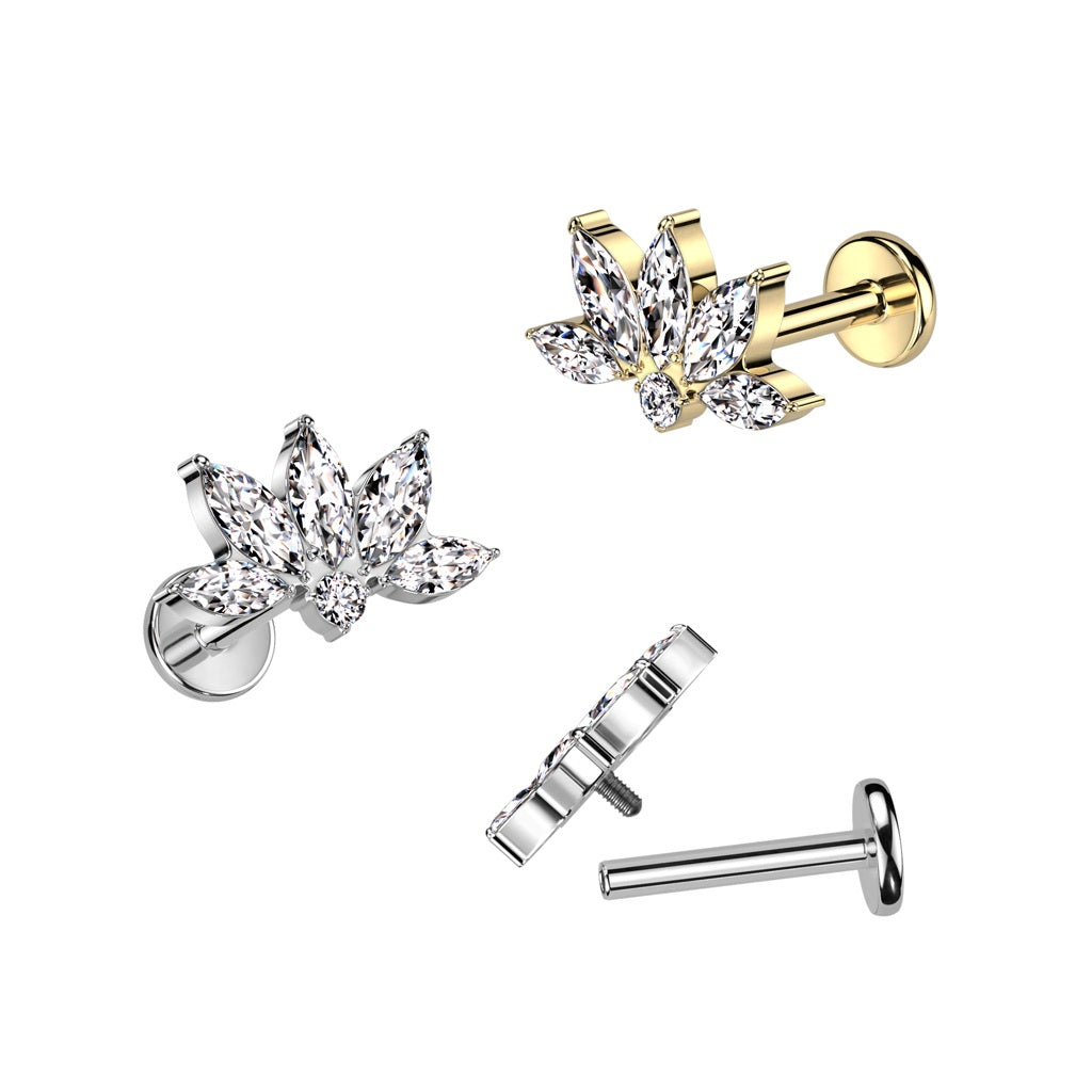 Internally Threaded CZ Crystal Marquise Flower Top Labret Stud - F136 Implant Grade Titanium