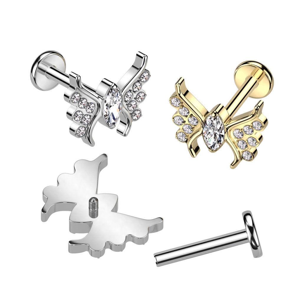 Internally Threaded CZ Crystal Butterfly Top Flat Back Labret Stud - F136 Implant Grade Titanium