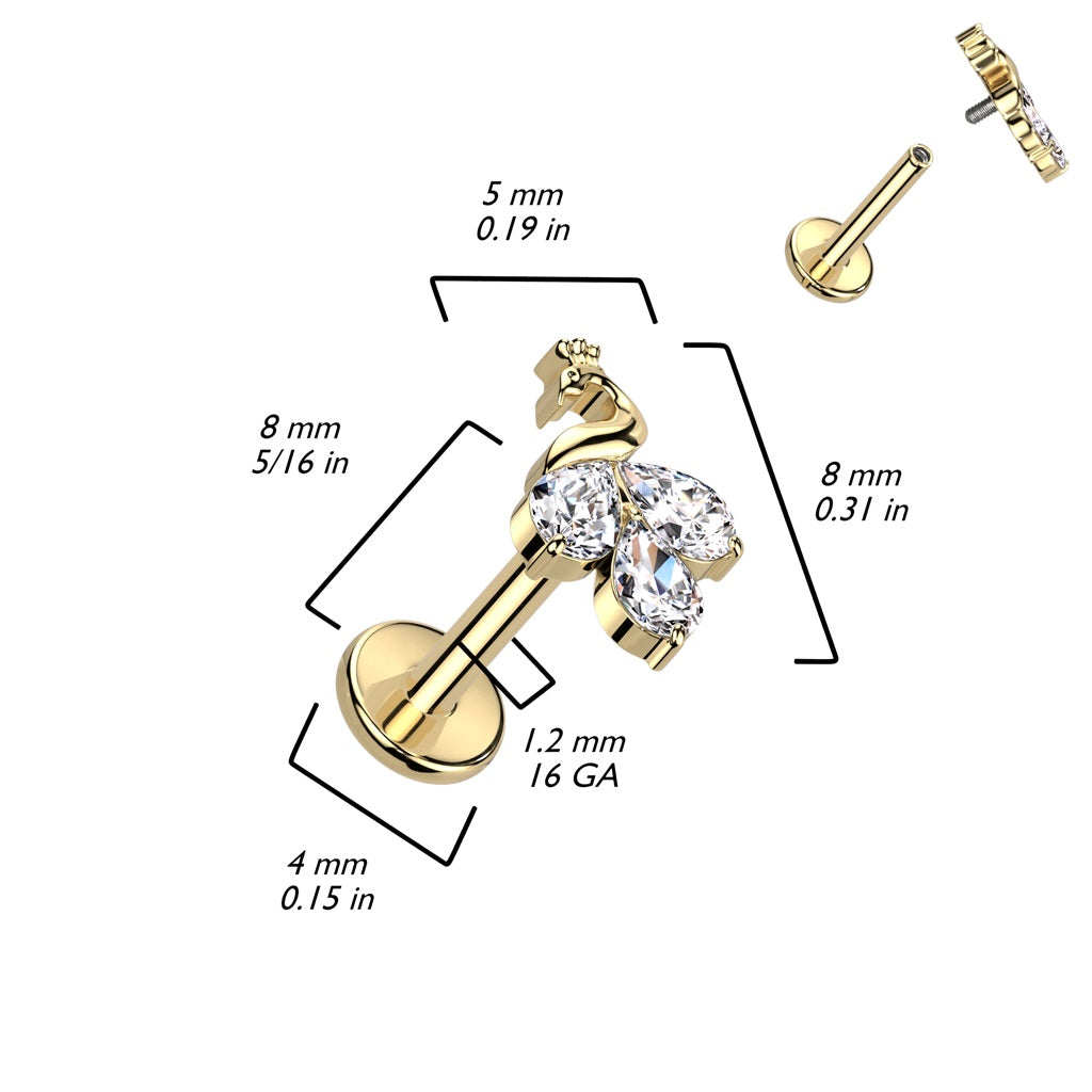 Internally Threaded CZ Crystal Marquise Peacock Top Labret Stud - F136 Implant Grade Titanium