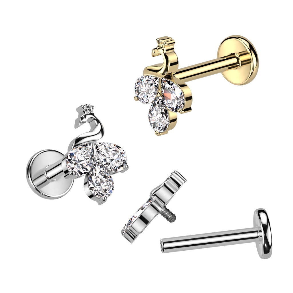 Internally Threaded CZ Crystal Marquise Peacock Top Labret Stud - F136 Implant Grade Titanium