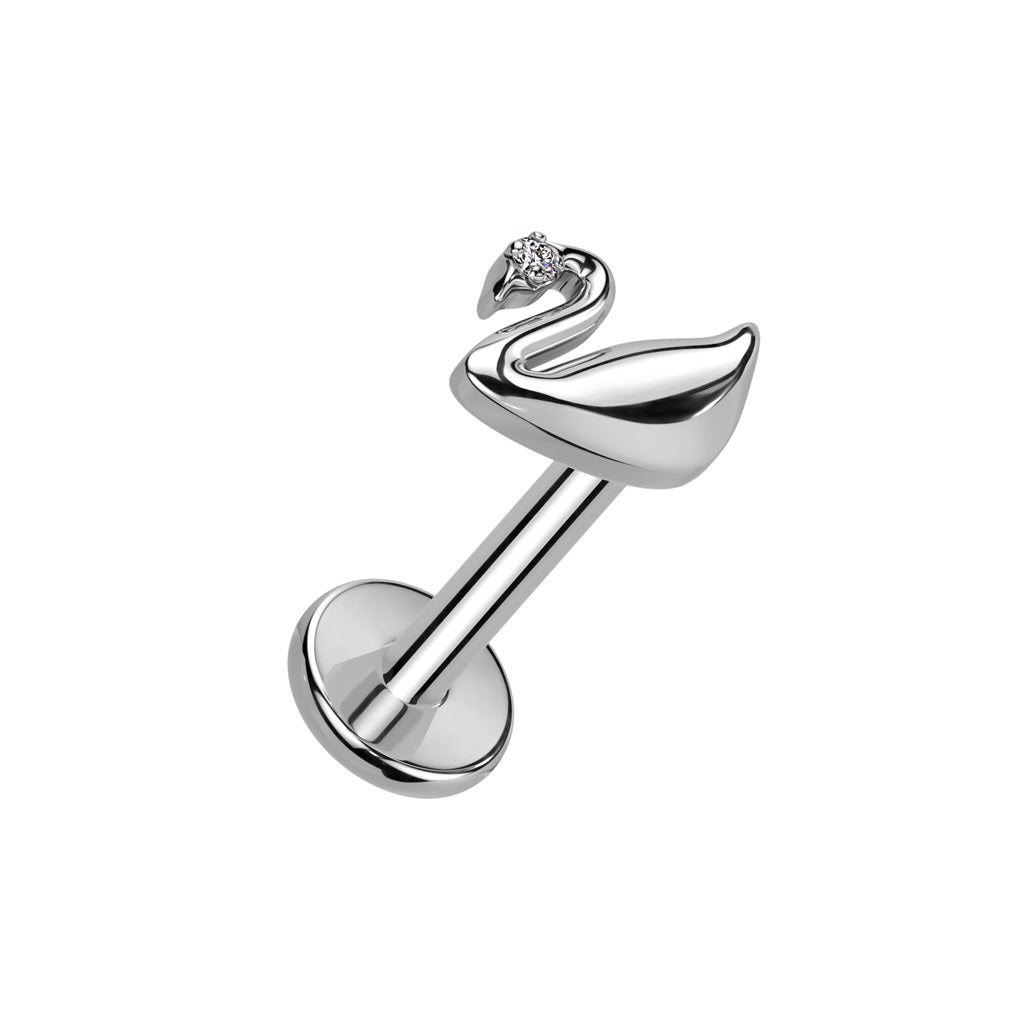 Internally Threaded CZ Crystal Swan Top Labret Stud - F136 Implant Grade Titanium