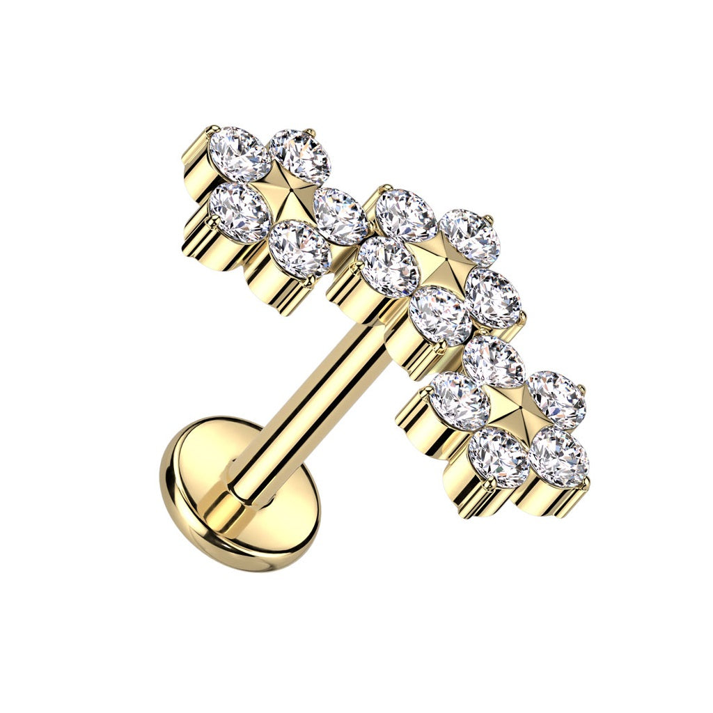 Internally Threaded Triple CZ Crystal Flower Top Flat Back Labret Stud - F136 Implant Grade Titanium